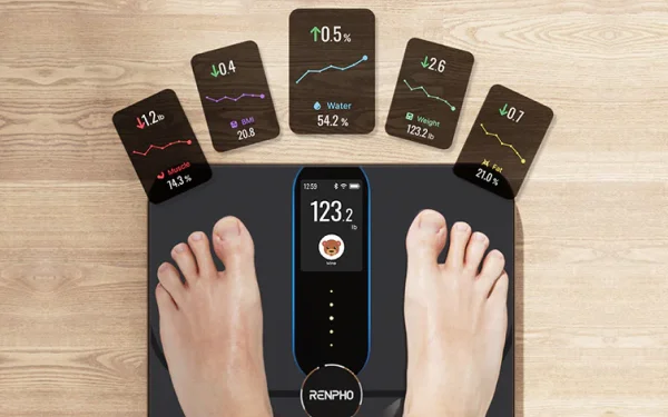 Ступні видно за шкалою Renpho Elis Nova, поруч з ними графіки змін ІМТ, ваги, води та м'язової маси