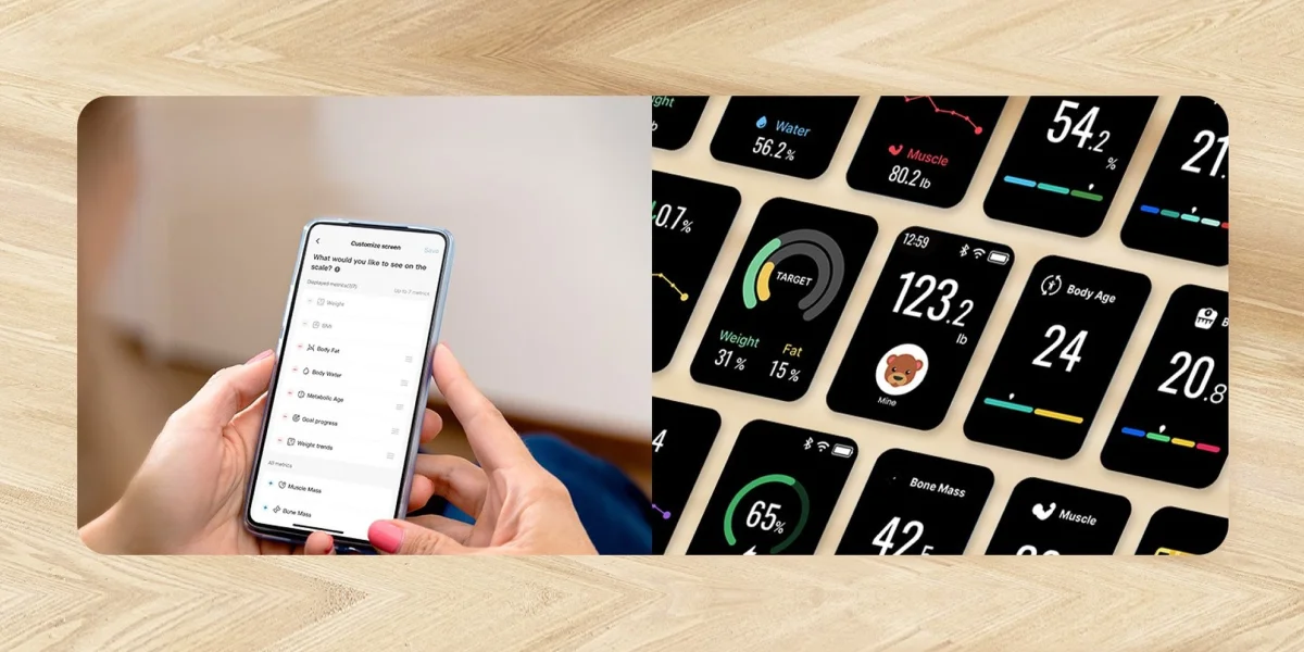 Телефон із застосунком RENPHO та екранами вимірювань: вага, вік тіла, вода, жир, м'язи