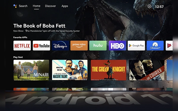 Екран інтерфейсу Android 11 із додатками Netflix, YouTube, Disney Plus, Prime Video, Hulu, HBO та Google Play