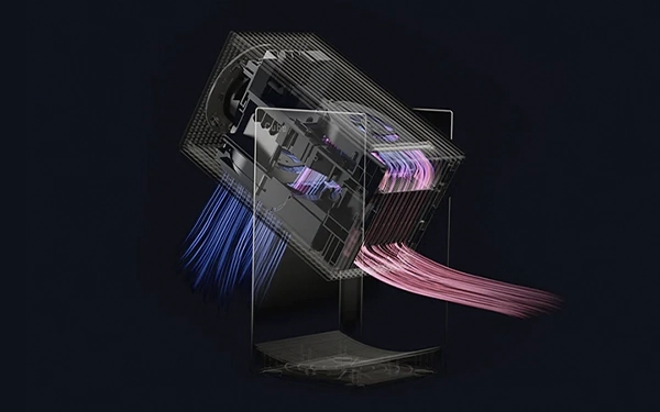 Візуалізація системи охолодження (AC - Air Cooling) у дії, що показує потік повітря через внутрішню частину проектора