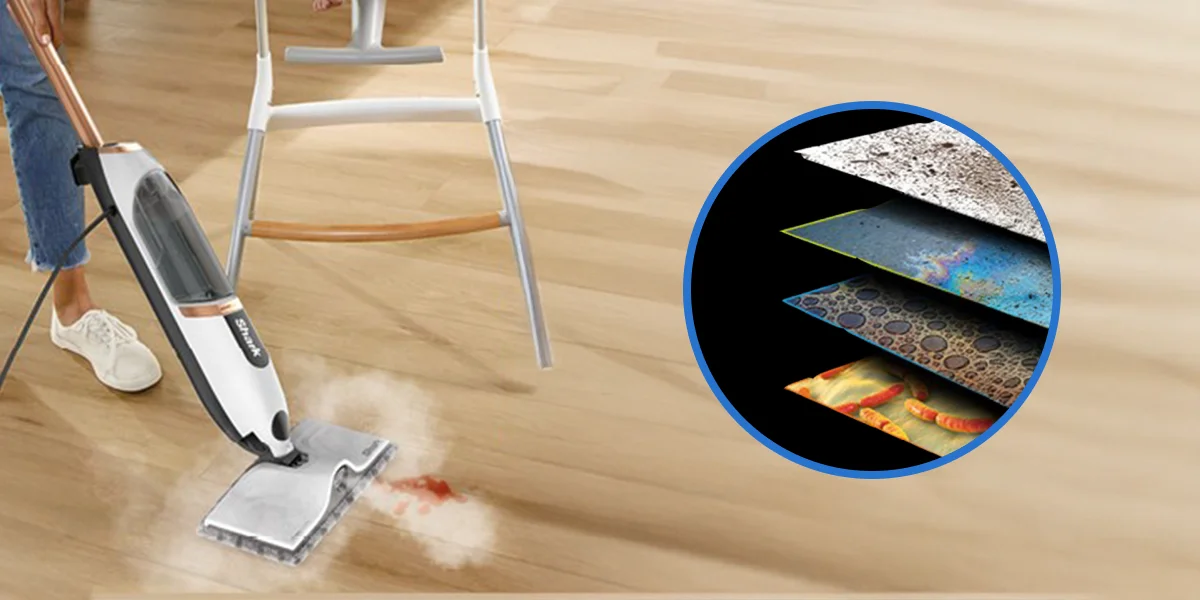 Парова швабра Shark S2001EU видаляє бруд, поруч із нею є зображення, що показує різні типи забруднень підлоги: пил, осад, бруд та бактерії.