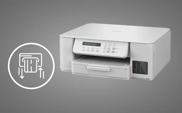 Білий принтер Brother з висувним лотком, поруч із ним значок паперу з рухомими стрілками, що символізують легку подачу аркушів.
