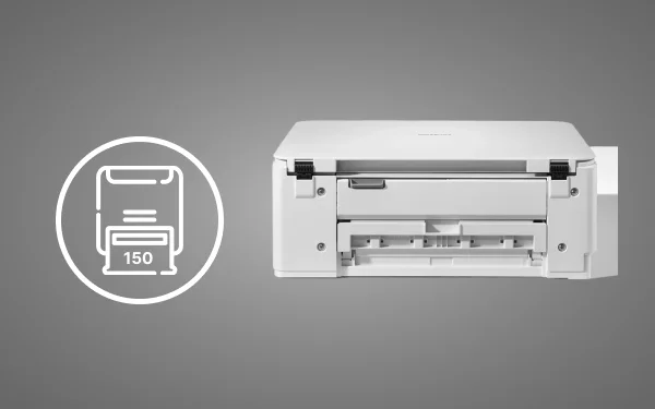 Задня панель білого принтера Brother з відкритим лотком, а поруч із ним значок лотка на 150 аркушів, що символізує його місткість.