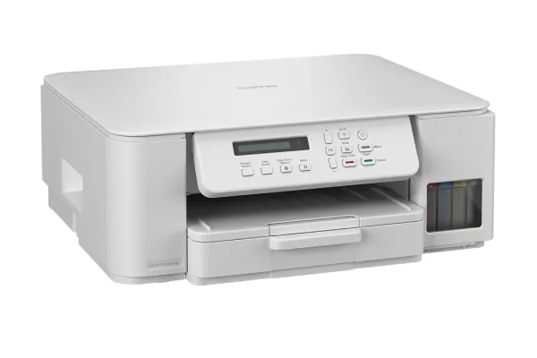 Білий принтер Brother з панеллю керування, висувним лотком та видимим чорнильним контейнером на правій стороні пристрою.