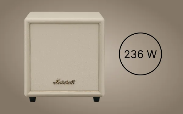 Кремовий сабвуфер Marshall на бежевому фоні, потужність 236 Вт