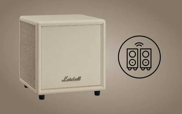 Кремовий сабвуфер Marshall з іконкою динаміка