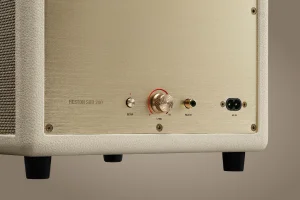 Задня панель кремового сабвуфера Marshall з ручкою керування та роз'ємами.