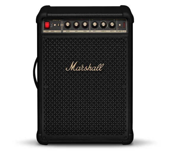 Чорний динамік Marshall з ручками зверху та золотим логотипом спереду