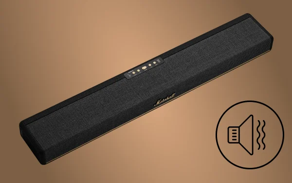Саундбар Marshall з іконкою динаміка, чорний корпус на бежевому фоні
