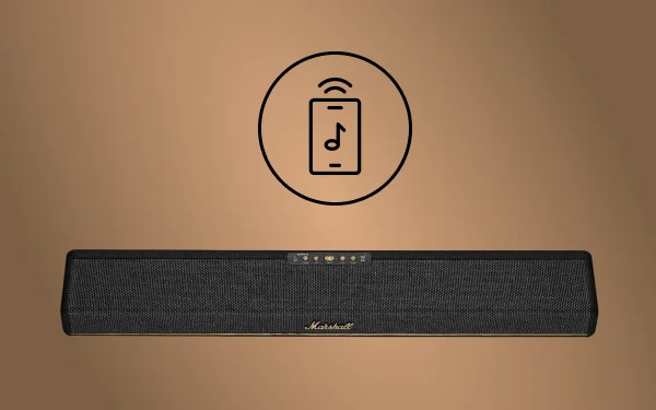 Саундбар Marshall з іконкою смартфона та музичними нотами, що символізує музичні програми