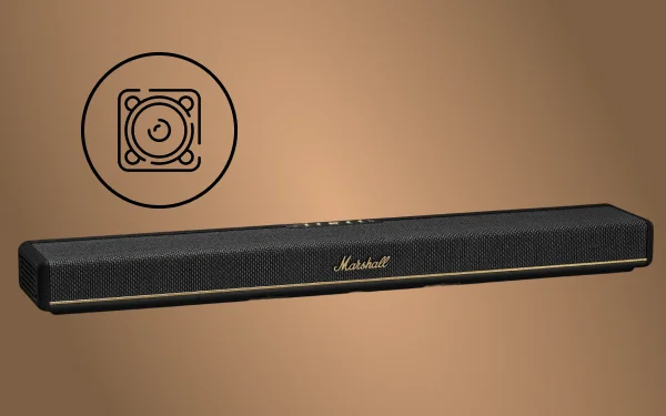 Саундбар Marshall з іконкою драйвера, чорний корпус на бежевому фоні