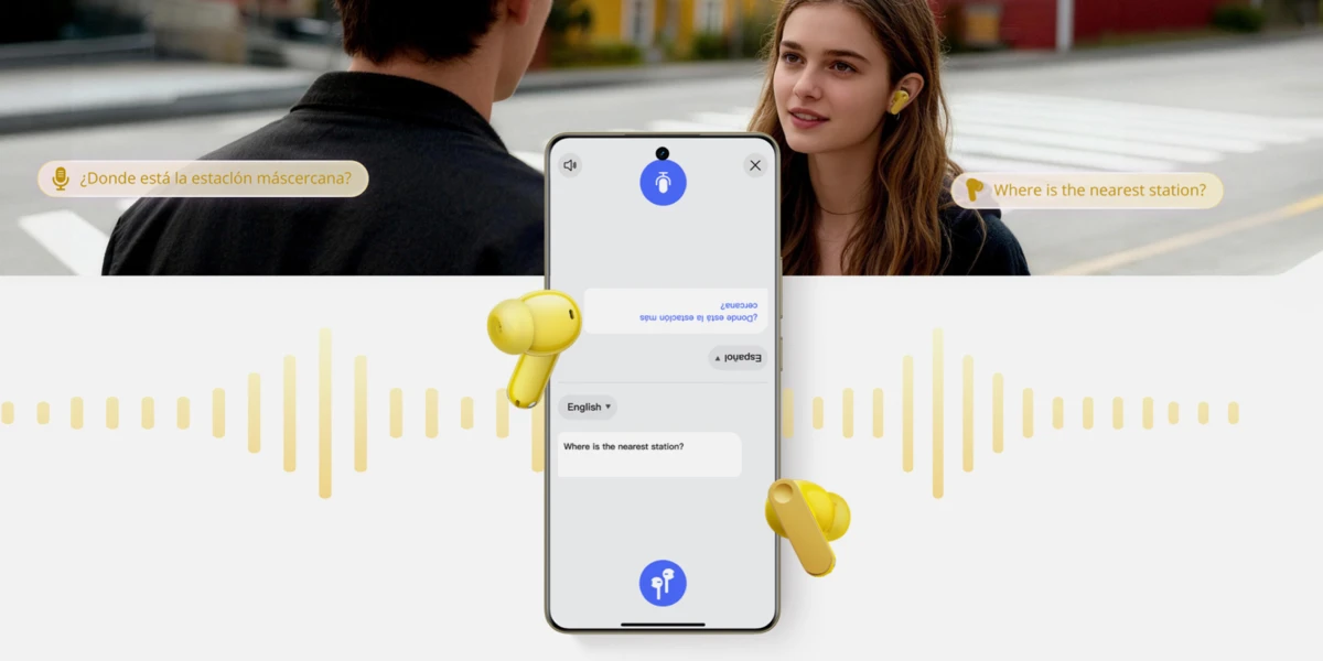 Жінка розмовляє через жовті навушники realme; смартфон показує переклад розмови в режимі реального часу за допомогою штучного інтелекту (ШІ).