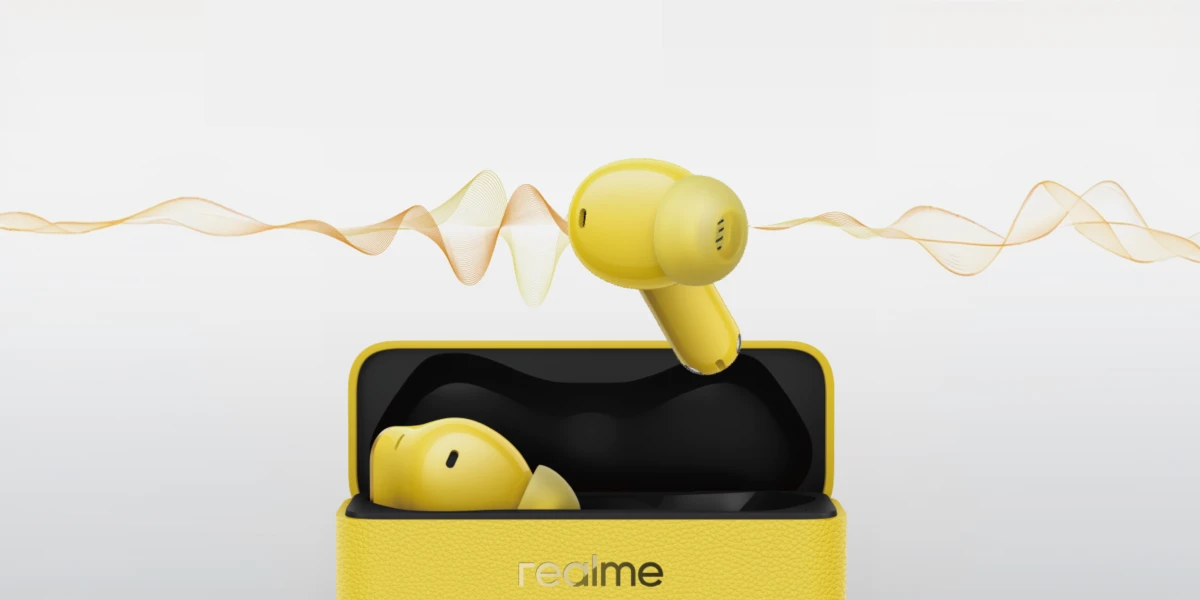 Жовті бездротові навушники realme в зарядному футлярі зі звуковою хвилею, що символізує передачу аудіо через Bluetooth