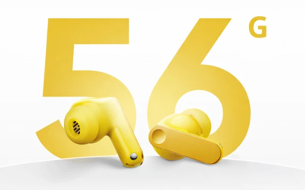 Жовті бездротові навушники realme з написом 56G на задньому плані, що вказує на до 56 годин автономної роботи