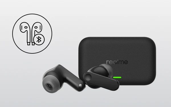 Чорні бездротові навушники realme в зарядному футлярі зі значком Bluetooth (стандарт бездротового зв'язку пристроїв)
