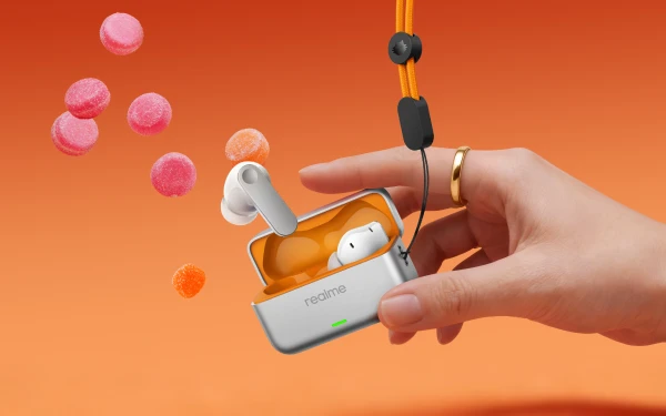 Білі бездротові навушники realme в зарядному футлярі зі шнурком; світлодіод (світлодіод) вказує стан заряджання