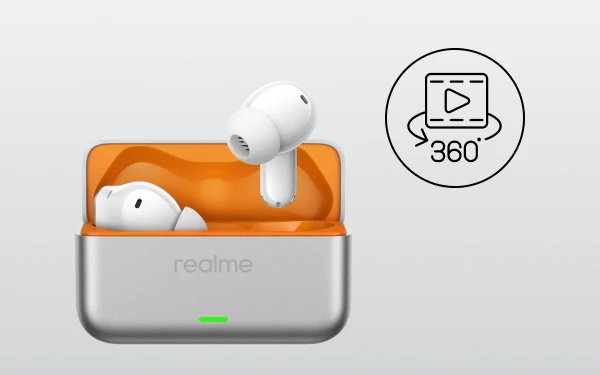 Білі бездротові навушники realme в зарядному футлярі; значок 360° вказує на об'ємний звук, що відтворюється навколо слухача