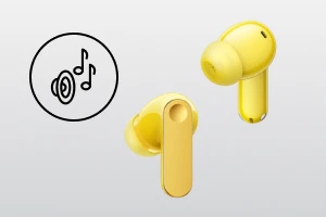 Жовті бездротові навушники-вкладиші realme поруч із музичною нотою та значком динаміка, що символізує відтворення музики